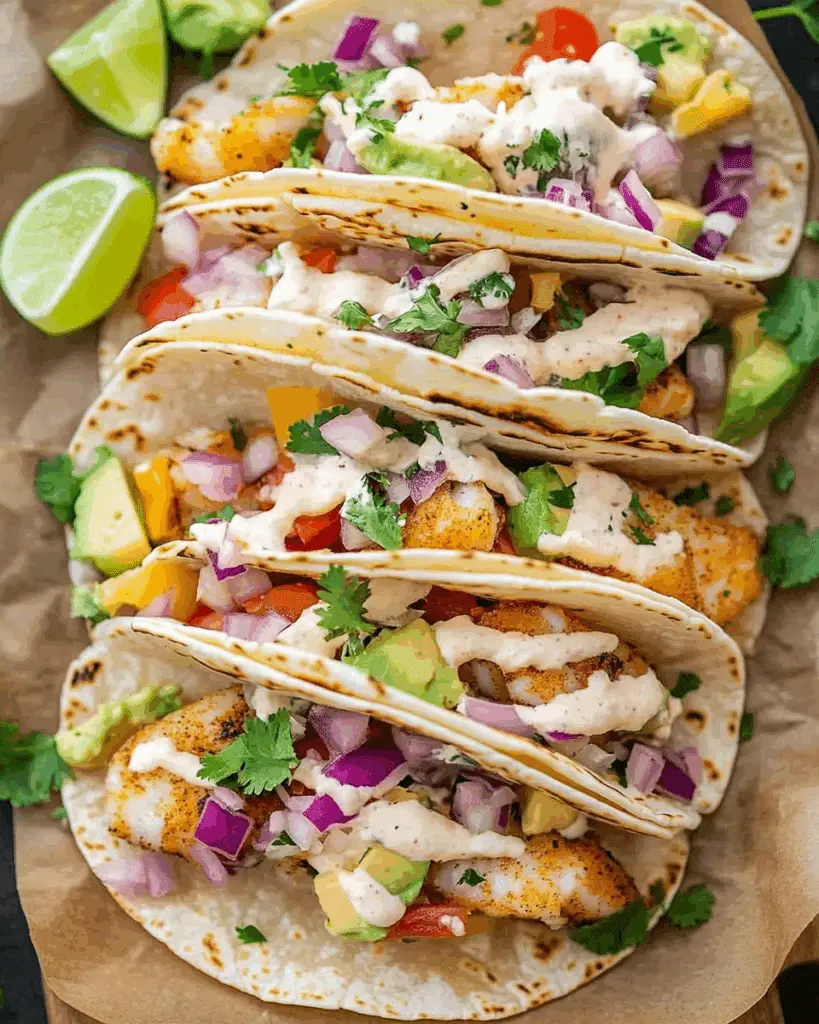 Fish Tacos with Garlic Lime Crema