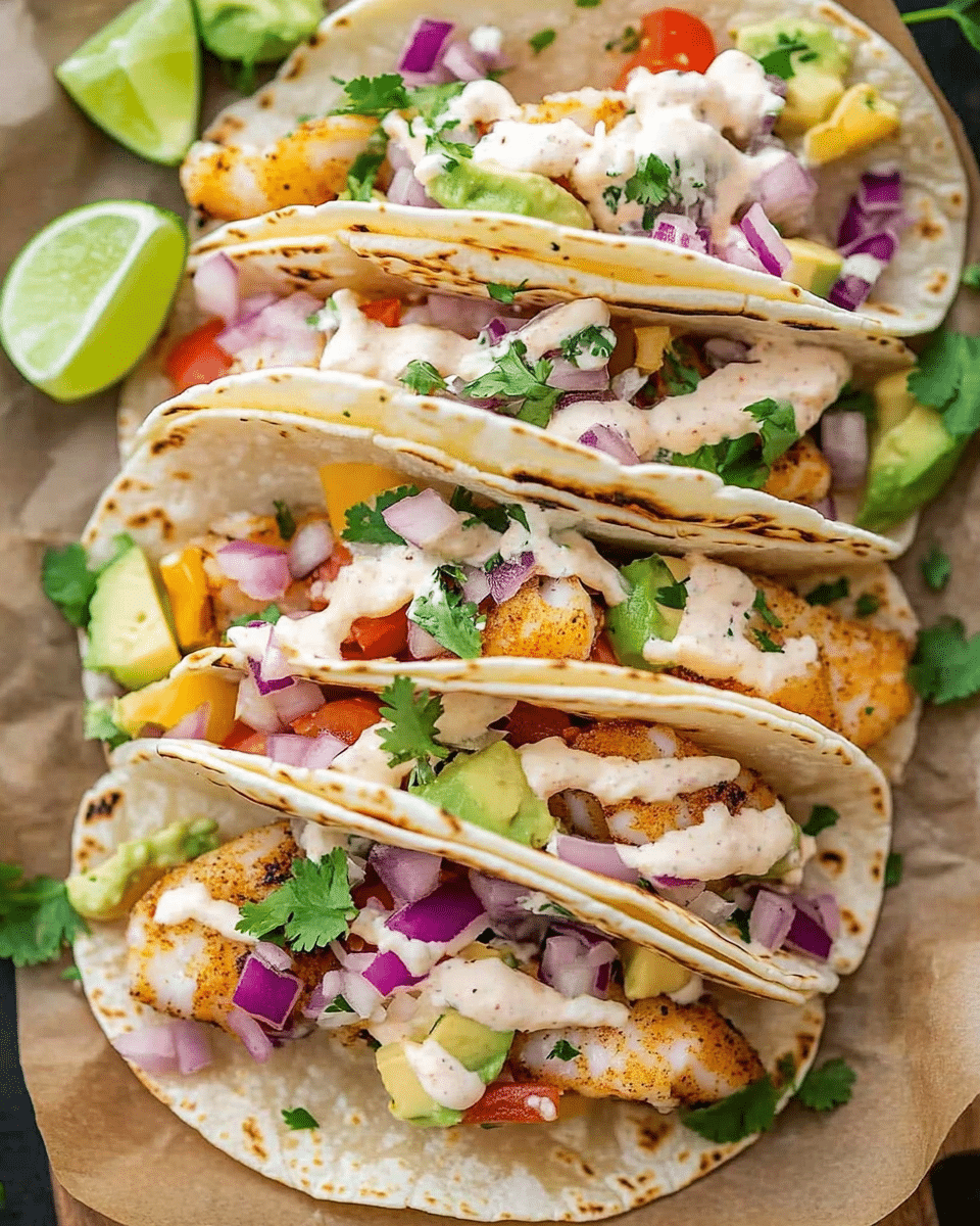 Fish Tacos with Garlic Lime Crema