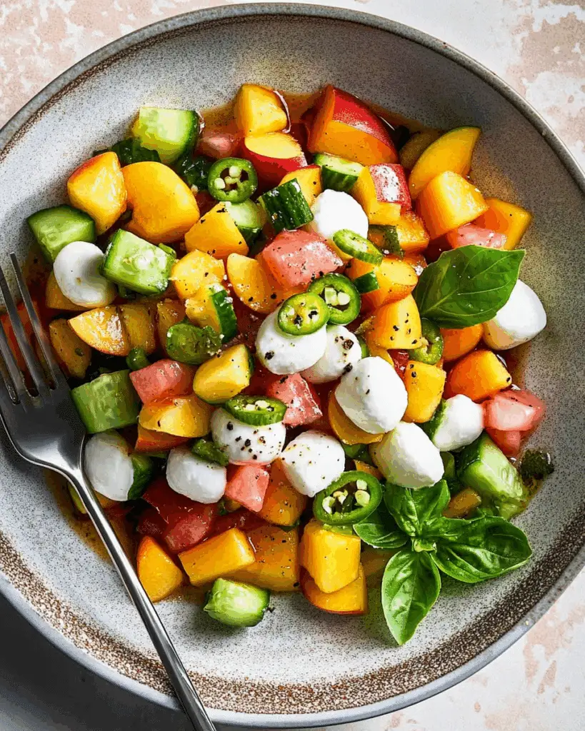 Peach Salad with Mozzarella Pearls