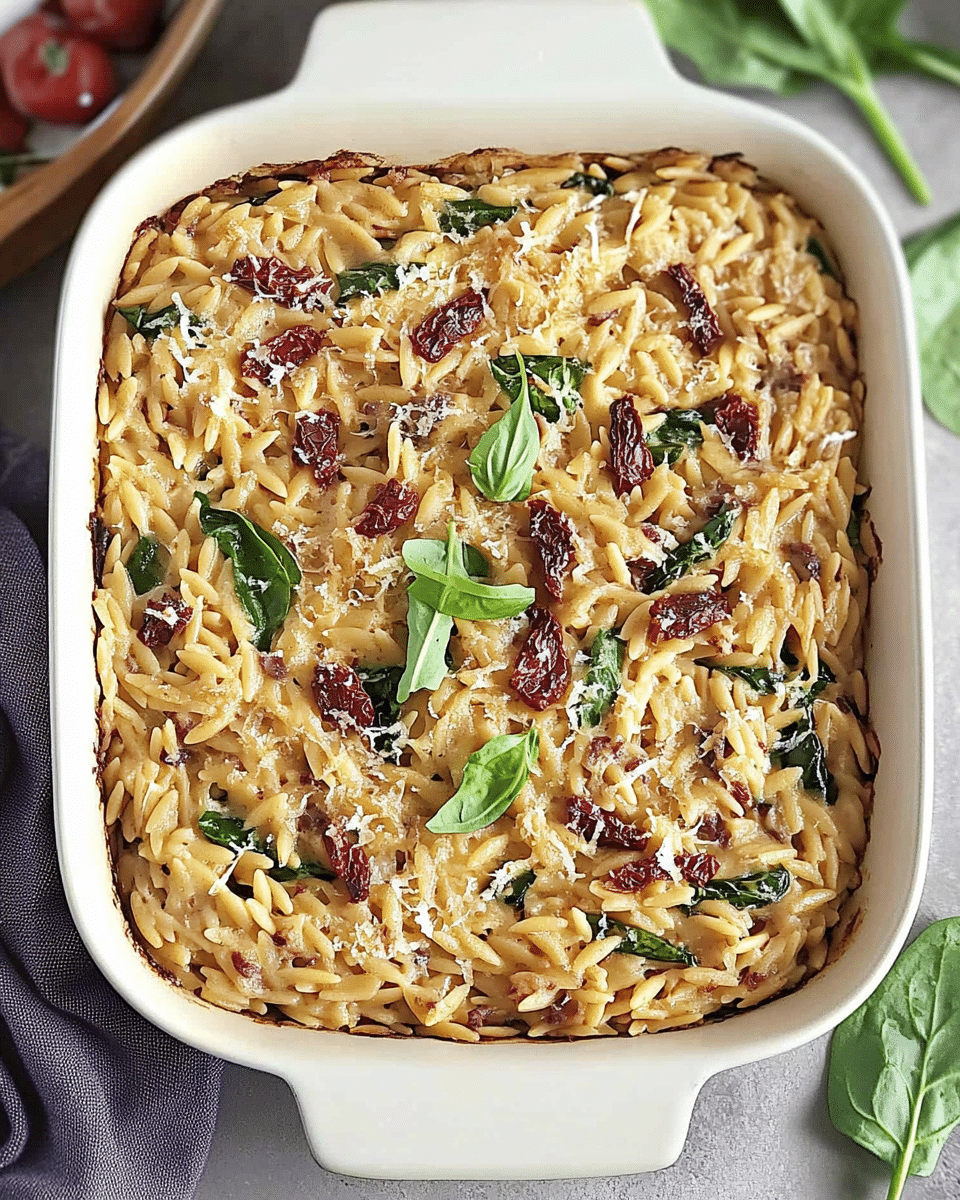 Spinach and Sun-Dried Tomato Boursin Orzo Bake