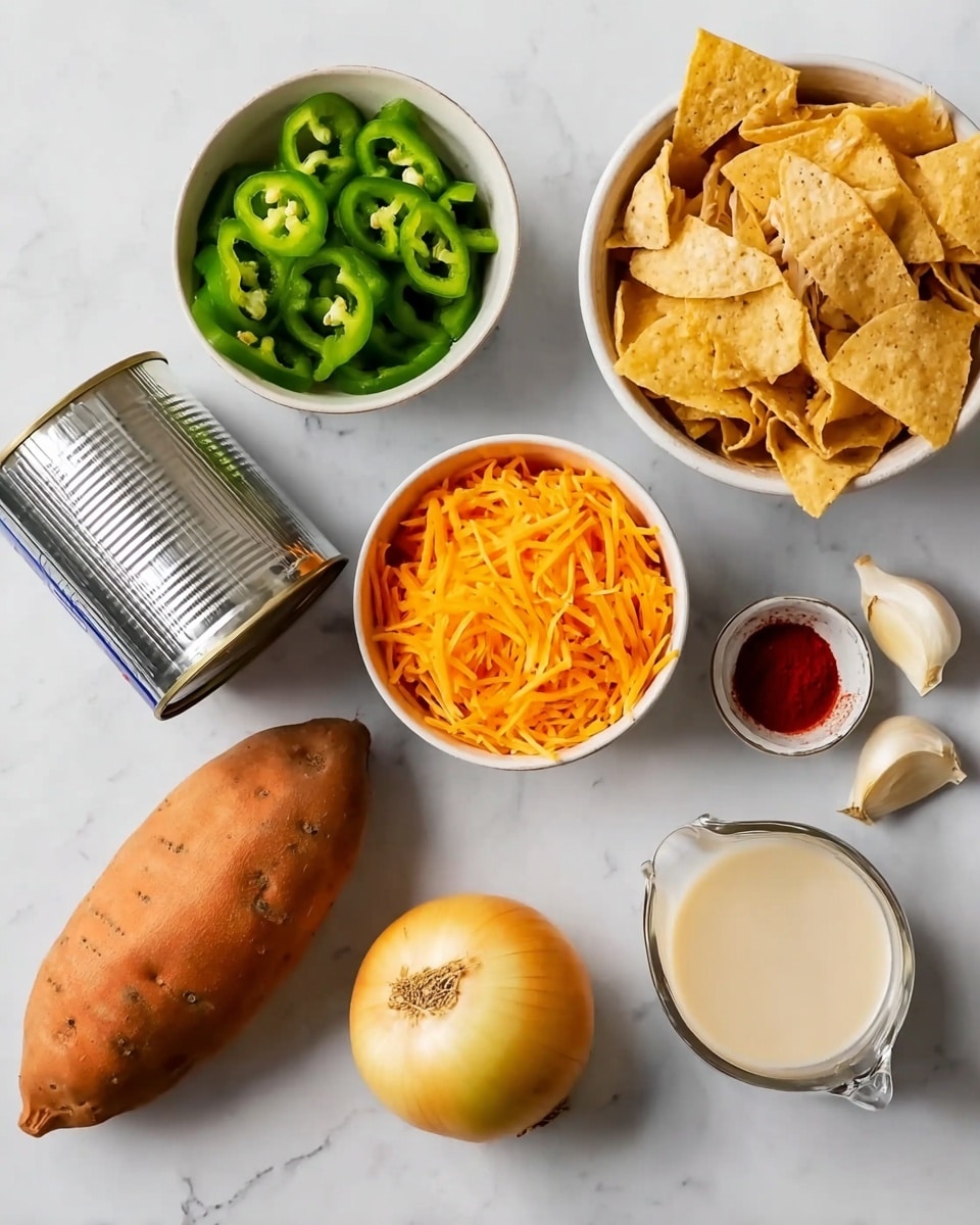 The image shows several ingredients arranged on a white marbled surface. In the center bottom is a whole sweet potato with a smooth orange skin. To the right of it is an empty silver tin can placed on its side. Above the sweet potato, there is a small white bowl filled with shredded orange cheese. To the right of that, there is another small white bowl with sliced green bell peppers. Next to the green peppers, slightly off to the right side, is a whole yellow onion with a papery outer skin. On the far right, a white bowl is full of triangular tortilla chips. At the top left, there is a small white bowl containing shredded cooked chicken. To the right of the chicken, a glass measuring cup holds a light cream-colored liquid. Near the top right corner, two cloves of garlic and a small white bowl filled with red chili powder complete the arrangement. All items are neatly organized over the smooth white marbled surface. photo taken with an iphone --ar 4:5 --v 7
