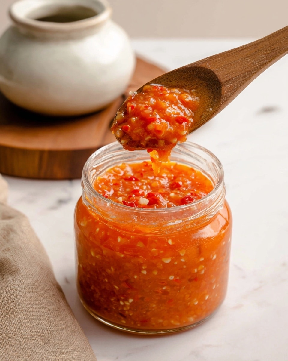 A clear glass jar filled with a bright orange chunky sauce made of finely chopped red and white bits, with a wooden spoon holding some of the sauce above the jar, showing its thick and glossy texture. The jar is on a white marbled surface, with a beige cloth and a white ceramic pot on a wooden coaster blurred in the background. Photo taken with an iphone --ar 4:5 --v 7
