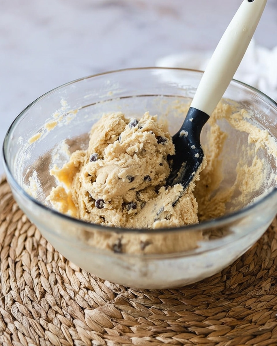 A clear glass mixing bowl filled with light tan cookie dough mixed with small dark chocolate chips throughout, showing a thick and slightly crumbly texture. Inside the bowl is a black-handled white rubber spatula standing upright, partially coated with the dough. The bowl sits on a woven straw mat with a soft white marbled background behind it. Photo taken with an iphone --ar 4:5 --v 7