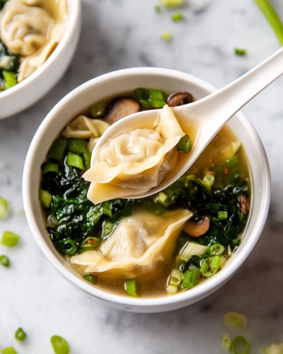 A white bowl filled with clear soup containing three light beige dumplings with soft, folded edges resting on a bed of bright green leafy vegetables and sliced light brown mushrooms. The broth is garnished with small pieces of chopped green onions scattered on top. A white spoon is lifting one dumpling out of the soup, showing its smooth, slightly translucent wrapper and textured filling inside. The bowl is placed on a white marbled surface with scattered green onion pieces around, and part of another similar bowl is visible in the background. photo taken with an iphone --ar 4:5 --v 7