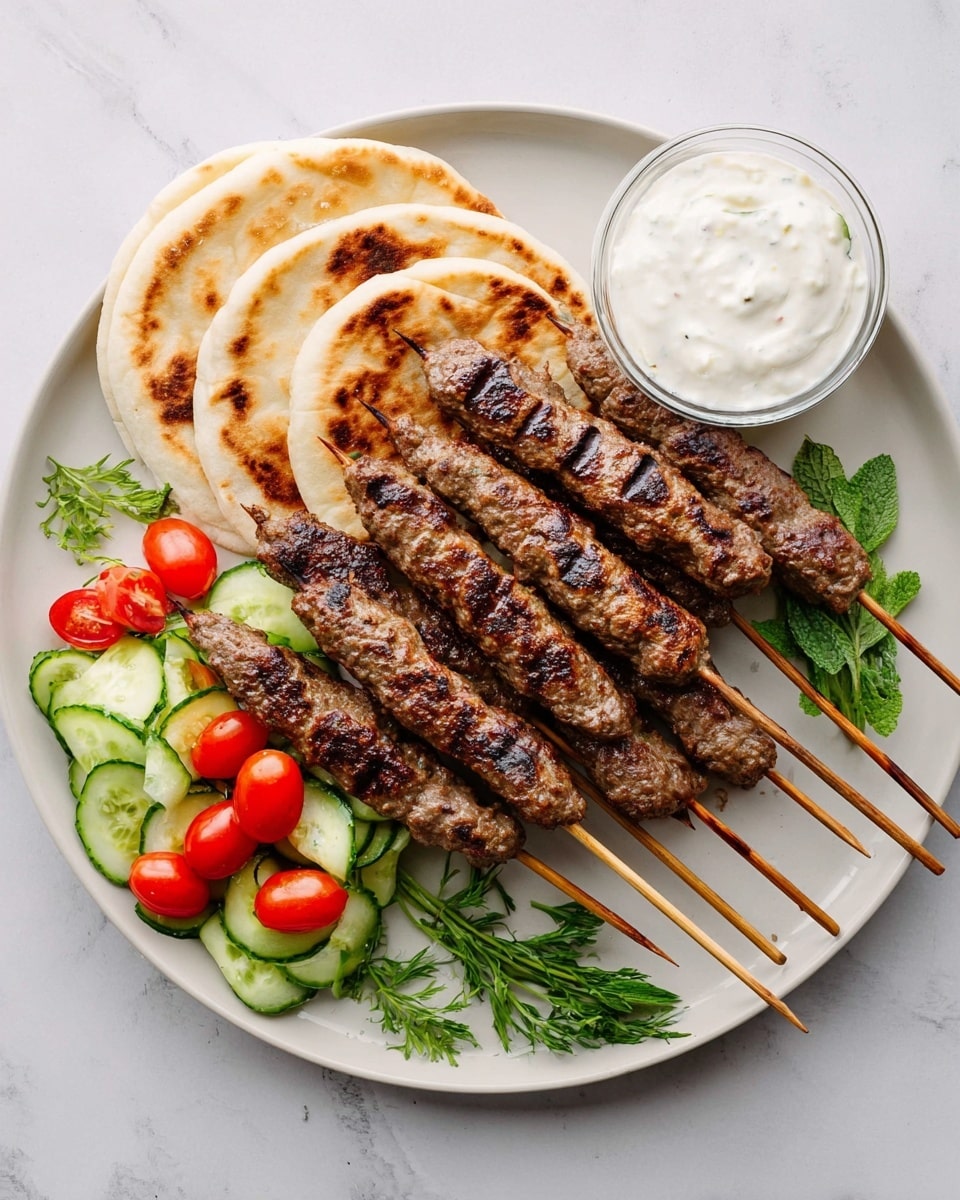 The image shows a large white plate on a white marbled surface, filled with seven grilled meat skewers arranged in a fan shape, with their wooden sticks pointing outward. On the left side of the plate, there is a small stack of folded flatbread pieces. Next to the flatbread, a fresh salad composed of sliced cucumber, halved cherry tomatoes, and some green herbs sits in a curved pile. To the right of the plate, a small round glass bowl contains a smooth white sauce. Two sprigs of green herbs lie beside the bowl on the white marbled surface. The colors are vibrant with the brown grilled meat, red tomatoes, green cucumbers, and white bread and sauce. Photo taken with an iphone --ar 4:5 --v 7