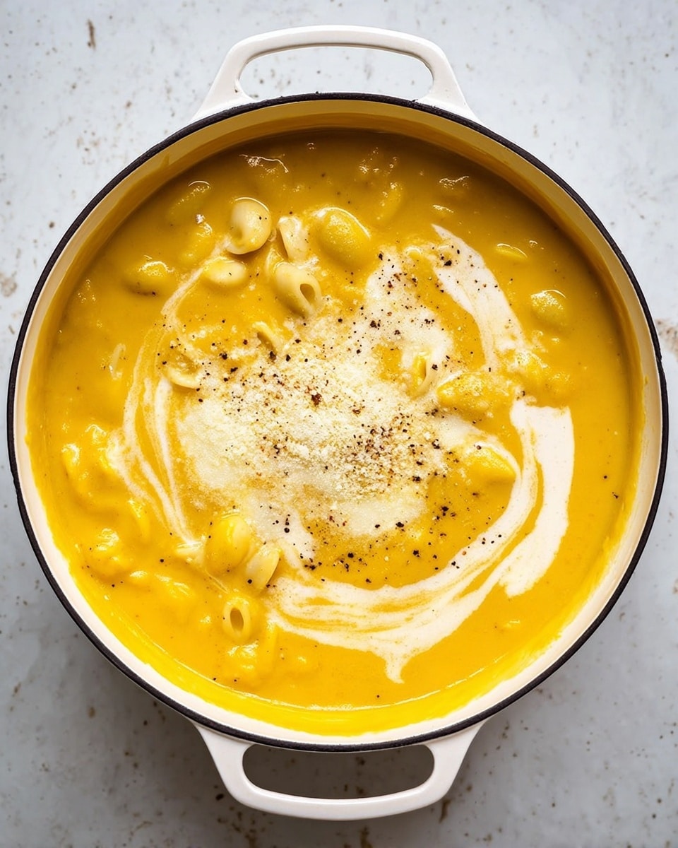 A round white pot filled with thick, bright yellow soup with small pasta pieces mixed inside. The soup has a smooth texture with a swirl of cream on top creating a white pattern, sprinkled with a small amount of finely grated cheese and a pinch of black pepper at the center. The pot sits on a white marbled surface. Photo taken with an iphone --ar 4:5 --v 7