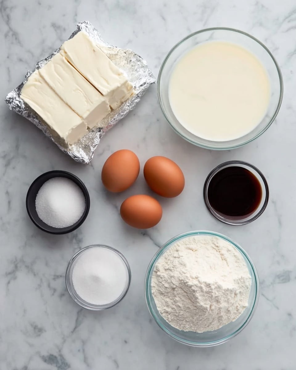 The image shows several ingredients arranged neatly on a white marbled surface. There are two large blocks of white cream cheese wrapped in foil on the left. To their right, three brown eggs are placed close together. Above the eggs, there is a clear glass bowl filled with cream. Below the cream, there is a large clear glass bowl filled with white sugar. In front of the sugar, a small white cup holds a dark brown vanilla extract. To the left of the vanilla, there is a small glass bowl of white flour. Above the flour, a small black bowl contains a pinch of white salt. The overall scene is clean and bright with a soft natural light. Photo taken with an iphone --ar 4:5 --v 7