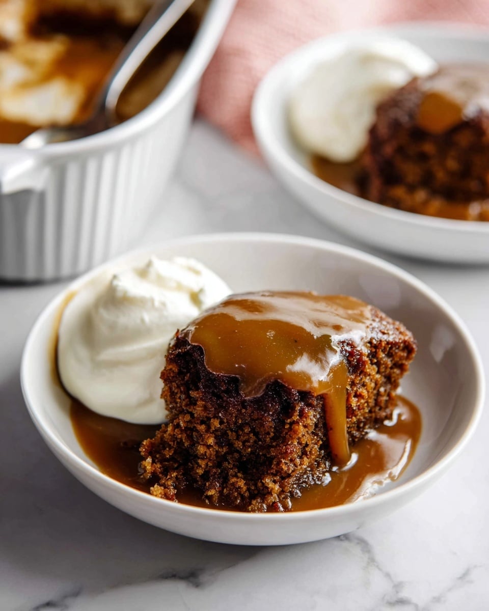A white bowl holds a dark brown cake piece with a moist, dense texture, topped thickly with glossy, light brown caramel sauce that drips slightly down the sides; a dollop of smooth, white whipped cream sits beside the cake on the left. In the background, there is a white ceramic dish with more cake and a spoon inside, and another white bowl with a serving of cake and whipped cream, all placed on a white marbled surface. Photo taken with an iphone --ar 4:5 --v 7