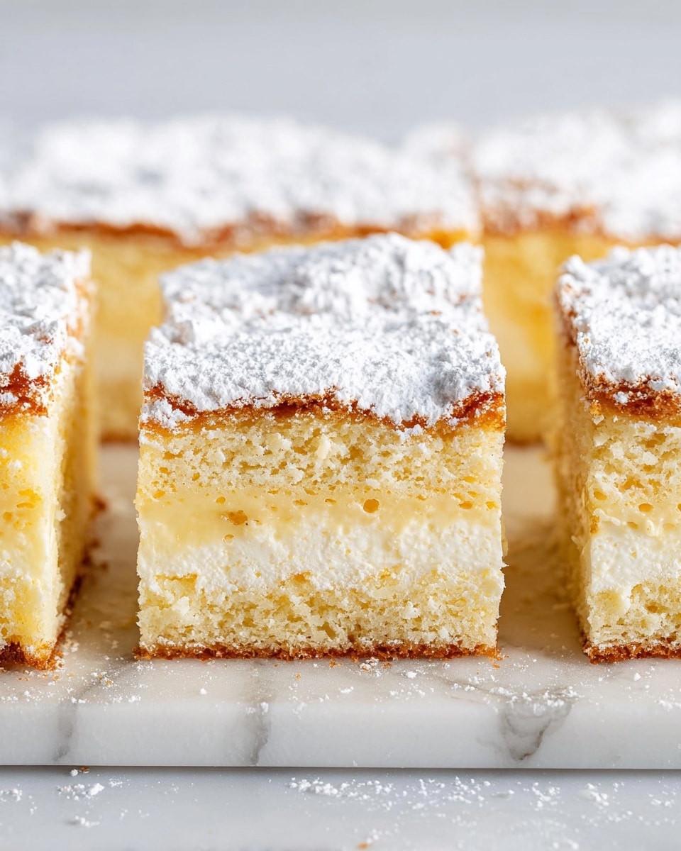 The image shows three slices of a layered cake on a white marbled surface. Each slice has three layers: a light golden bottom layer that looks firm, a creamy pale yellow middle layer, and a fluffy, sponge-like top layer with a golden brown color. The top is dusted thickly with white powdered sugar, giving a soft, textured look. The cake slices are neatly aligned side by side, and the overall scene is bright and clean. Photo taken with an iphone --ar 4:5 --v 7