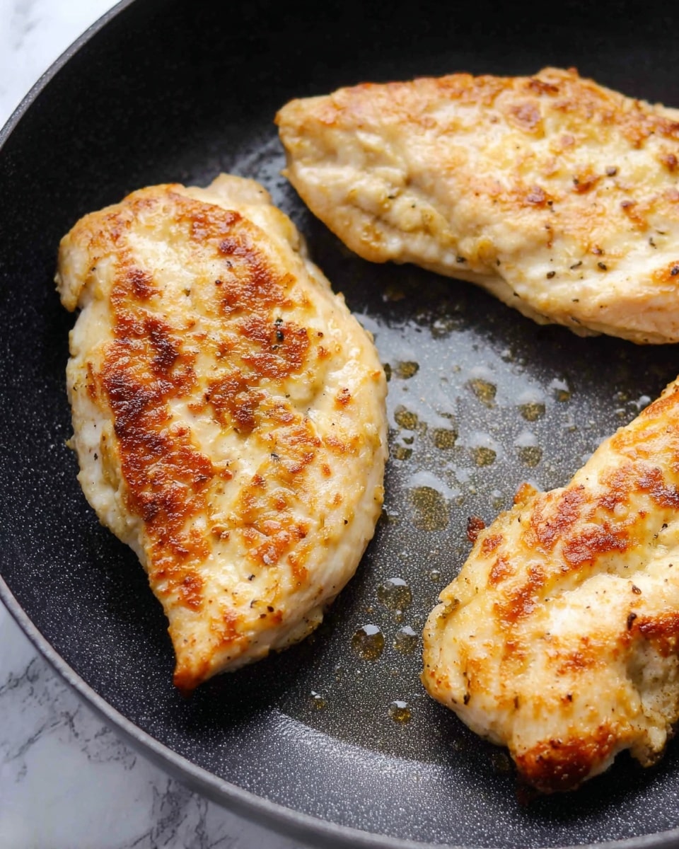 The image shows three pieces of cooked chicken in a black frying pan. Each piece is lightly browned with a crispy texture on the top and has a slightly uneven, natural shape. The surface of the chicken has a golden yellow and light brown color with some white spots where it is less cooked. Small drops of oil are visible in the pan around the chicken pieces. The background is a white marbled texture. Photo taken with an iphone --ar 4:5 --v 7