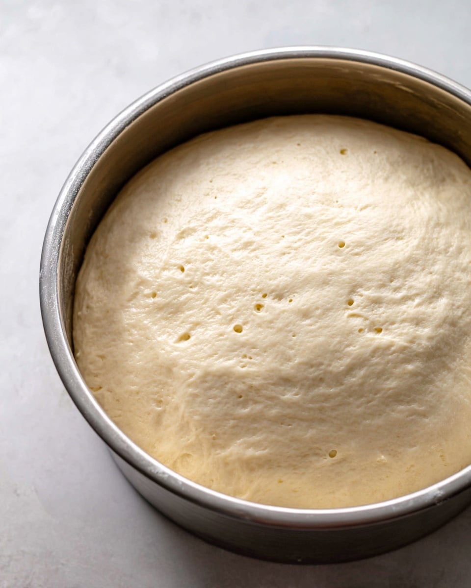 The image shows a large, smooth ball of dough with a pale cream color, resting inside a shiny silver metal bowl. The dough has risen and expanded, filling the bowl with its soft, slightly textured surface showing small bubbles and a few slight indents. The bowl sits on a white marbled surface, adding a clean and fresh look to the scene. photo taken with an iphone --ar 4:5 --v 7