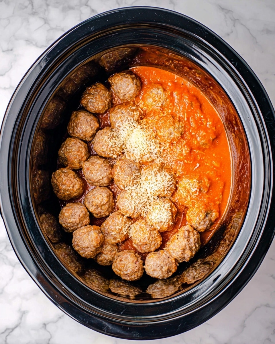 The image shows a black slow cooker filled with several light brown round meatballs at the bottom. On top of the meatballs, there is a shiny, thick layer of bright orange tomato sauce covering almost half of the meatballs. Sprinkled over the orange sauce and some meatballs is a light dusting of pale yellow grated cheese or seasoning. The cooker is placed on a white marbled surface. photo taken with an iphone --ar 4:5 --v 7