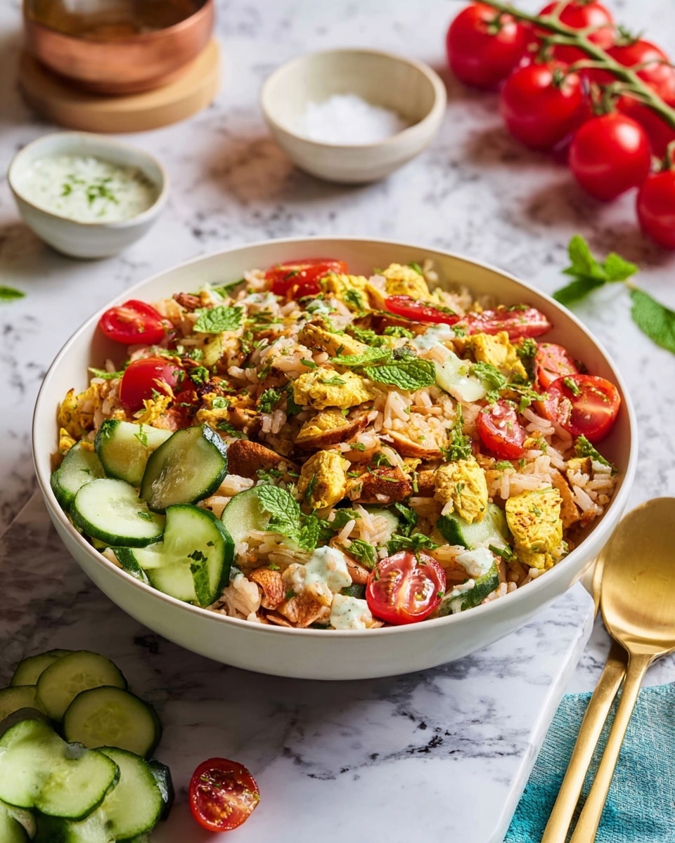A white bowl filled with a colorful salad that has three main layers: the base is light brown rice mixed with small pieces of cooked yellowish chicken, the middle layer has slices of bright green cucumber and small red cherry tomatoes cut in half, and the top layer is sprinkled with fresh green mint leaves and chopped herbs. The bowl sits on a white marbled surface, with a blurred background showing a small white bowl of salt, a white bowl with white sauce, a bunch of red cherry tomatoes on the vine, and golden utensils nearby. photo taken with an iphone --ar 4:5 --v 7