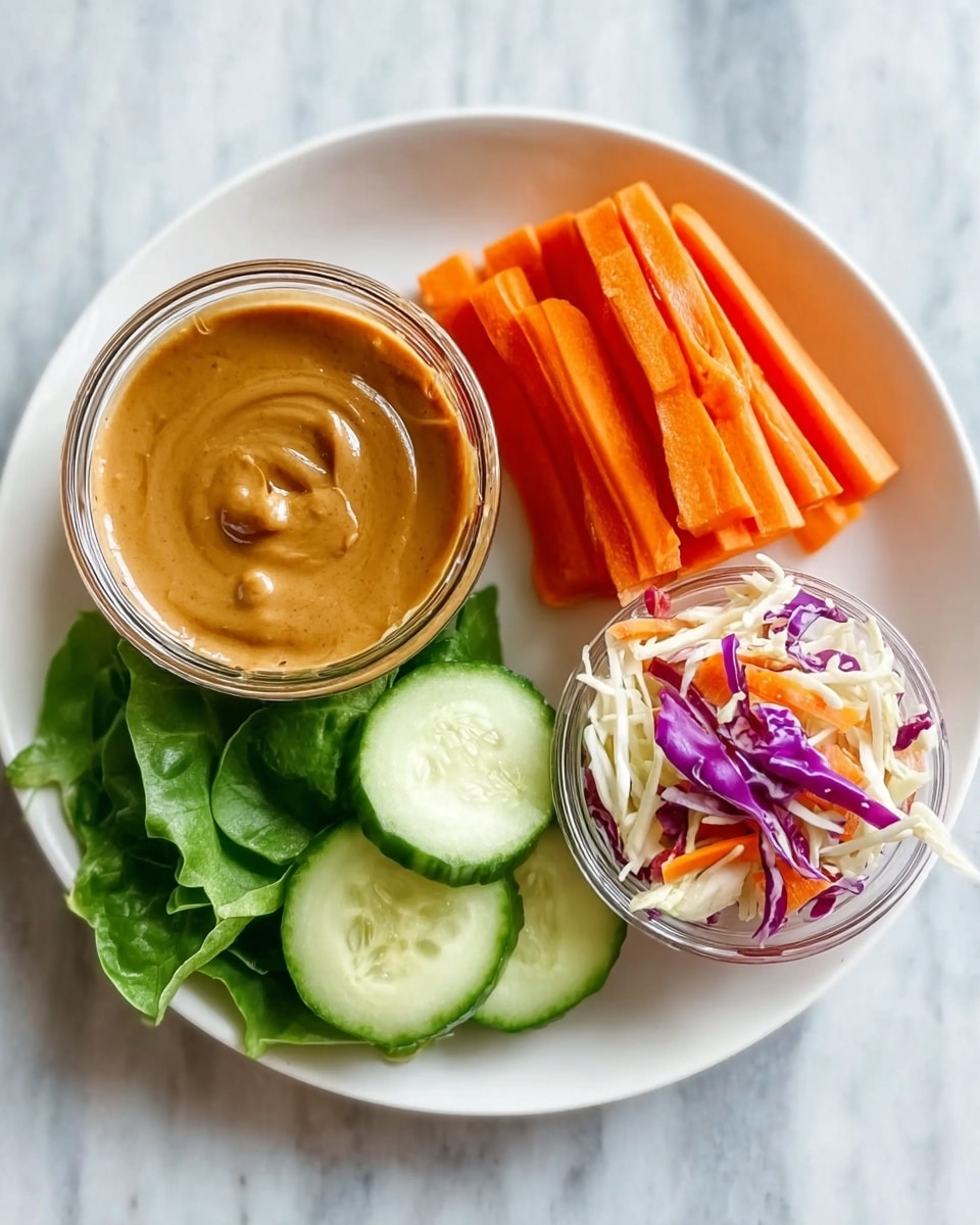 A white plate sits on a white marbled surface, holding a small glass bowl filled with thick brown peanut sauce in the upper left area. To the right of the bowl, there are neat, stacked orange carrot sticks. Below the carrot sticks, a small glass bowl contains colorful shredded salad with white, purple, and orange pieces. On the lower left side of the plate, there are several round green cucumber slices resting on a fresh dark green leafy vegetable. photo taken with an iphone --ar 4:5 --v 7