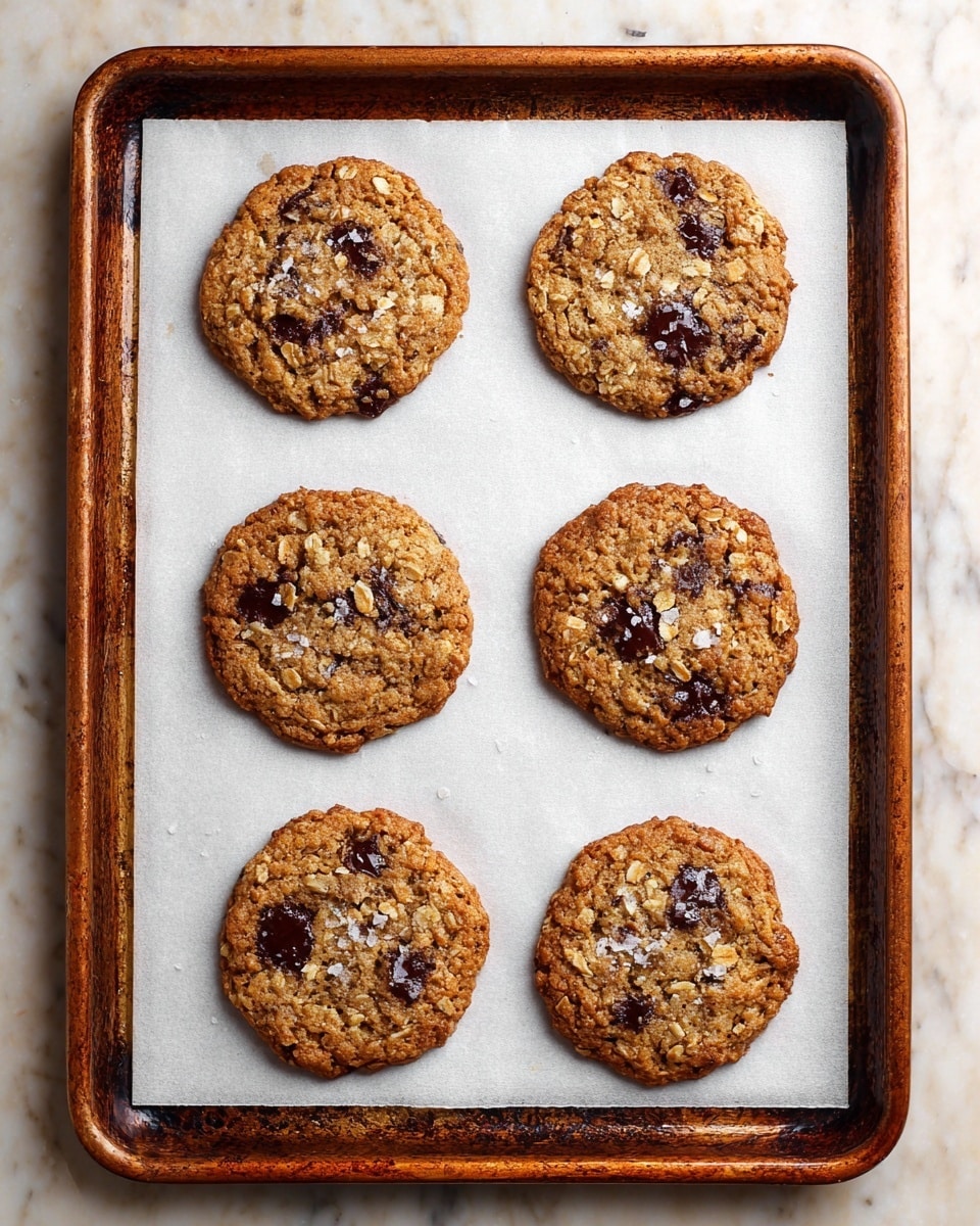Six round cookies with a golden-brown color and visible chunks of dark chocolate are arranged in two rows of three on white parchment paper, which is placed on a slightly worn copper-colored baking tray. The cookies have a textured surface with some oats visible, and a few small grains of salt sprinkled on top, giving a slightly shiny effect. The tray rests on a white marbled surface. photo taken with an iphone --ar 4:5 --v 7