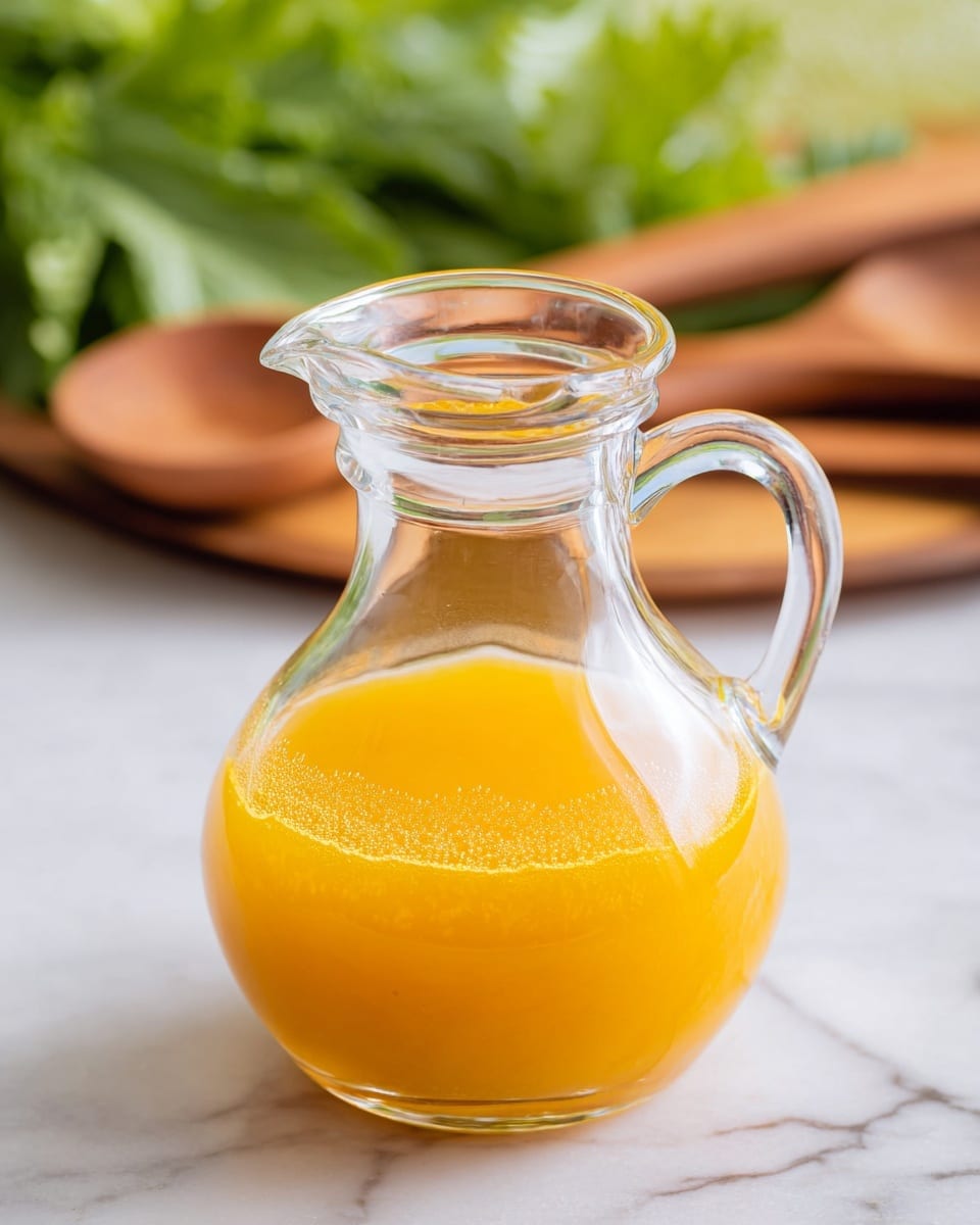 A clear glass container with a wide round base and narrow neck holds bright orange liquid. The container has a thick handle on its side and a small spout at the top for pouring. The orange liquid inside is slightly pulpy and fills most of the container, with a little froth visible near the bottom edge. The container sits on a white marbled surface, and blurred green leafy vegetables and wooden utensils are seen softly in the background. photo taken with an iphone --ar 4:5 --v 7