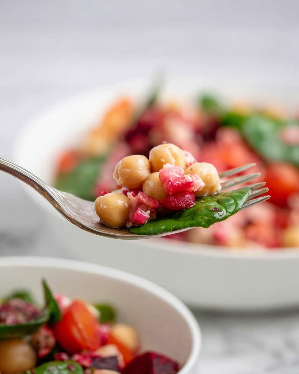 The image shows a close-up of a silver fork holding a mix of chickpeas, a green spinach leaf, small pieces of pink cheese, red tomato chunks, and some bits of beetroot, all fresh and colorful. In the background, there is a white bowl filled with the same salad, showing layers of chickpeas, tomatoes, spinach leaves, beetroot, and pink cheese, all vibrant and mixed together, resting on a white marbled surface. Another bowl is partially visible below the fork, also white and filled with the same layered salad mix. photo taken with an iphone --ar 4:5 --v 7