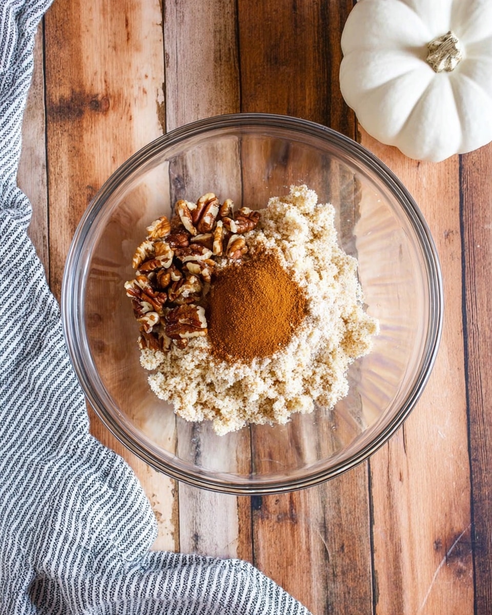 A clear glass bowl holds a mix of ingredients on a rustic wooden surface. Inside the bowl, there are several layers: a base of light beige crumbly mixture, scattered medium brown chopped nuts on top, and a small mound of cinnamon-colored powder right at the center. To the left below the bowl, part of a gray and white striped cloth is visible, and in the top right corner, a white pumpkin-shaped object adds a decorative touch. The overall scene is bright with natural light. Photo taken with an iphone --ar 4:5 --v 7