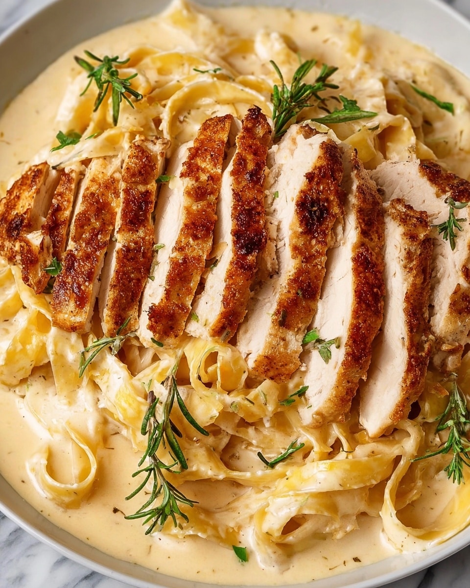 The image shows a white plate filled with creamy pasta covered in a smooth, light beige sauce. On top of the pasta, there are several thick slices of golden brown cooked chicken arranged in a slightly fanned out pattern. The chicken has a crispy texture on its outside, while the inside appears tender and white. Small sprigs of fresh green herbs, likely rosemary, are scattered over the chicken and pasta, adding a touch of color and freshness. The dish is presented on a white marbled surface. photo taken with an iphone --ar 4:5 --v 7