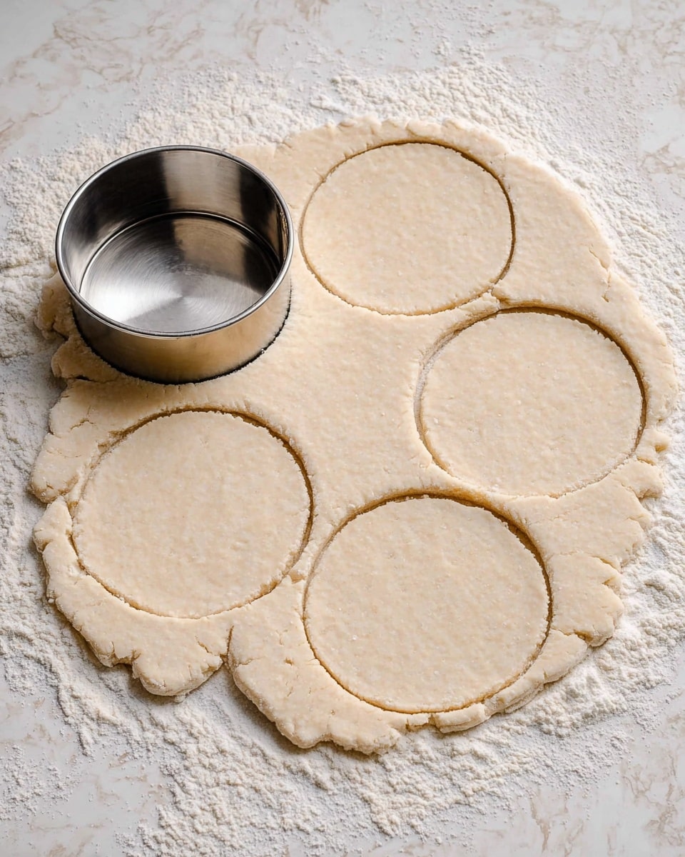 A thin sheet of light beige dough is rolled out wide on a white marbled surface lightly dusted with flour. Four round shapes are cut evenly spaced into the dough, with a shiny metal round cutter sitting on the top left shape. The dough edges are uneven and slightly rough, showing where the dough was rolled out. The texture is smooth, and the dough looks soft and ready for baking. Photo taken with an iphone --ar 4:5 --v 7