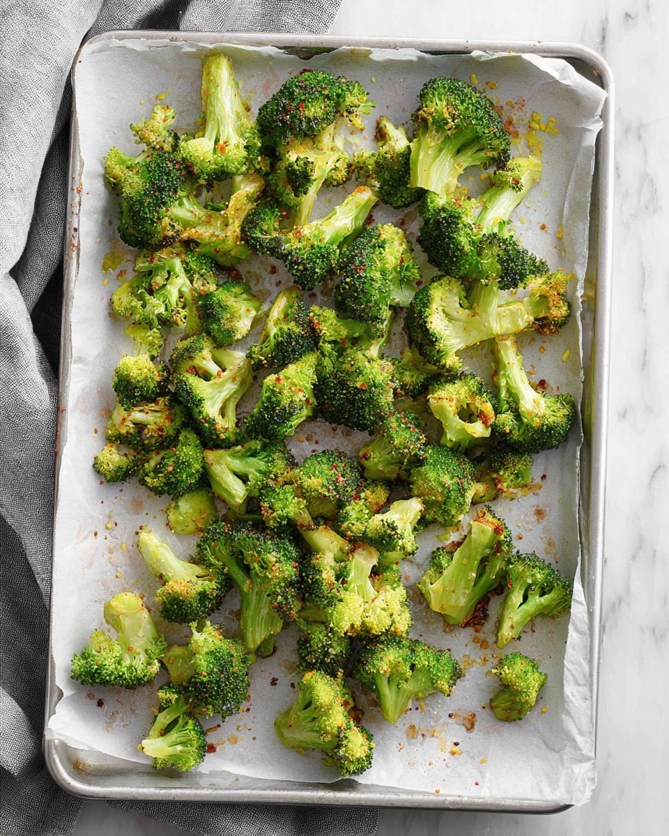 The image shows a single layer of roasted broccoli florets scattered across a white parchment paper-lined baking tray. The broccoli is bright green with some edges slightly browned and crispy. There are small bits of golden-brown seasoning sprinkled unevenly over the broccoli. The baking tray is placed on a white marbled surface, and a light gray cloth is partially visible on the upper left side. photo taken with an iphone --ar 4:5 --v 7