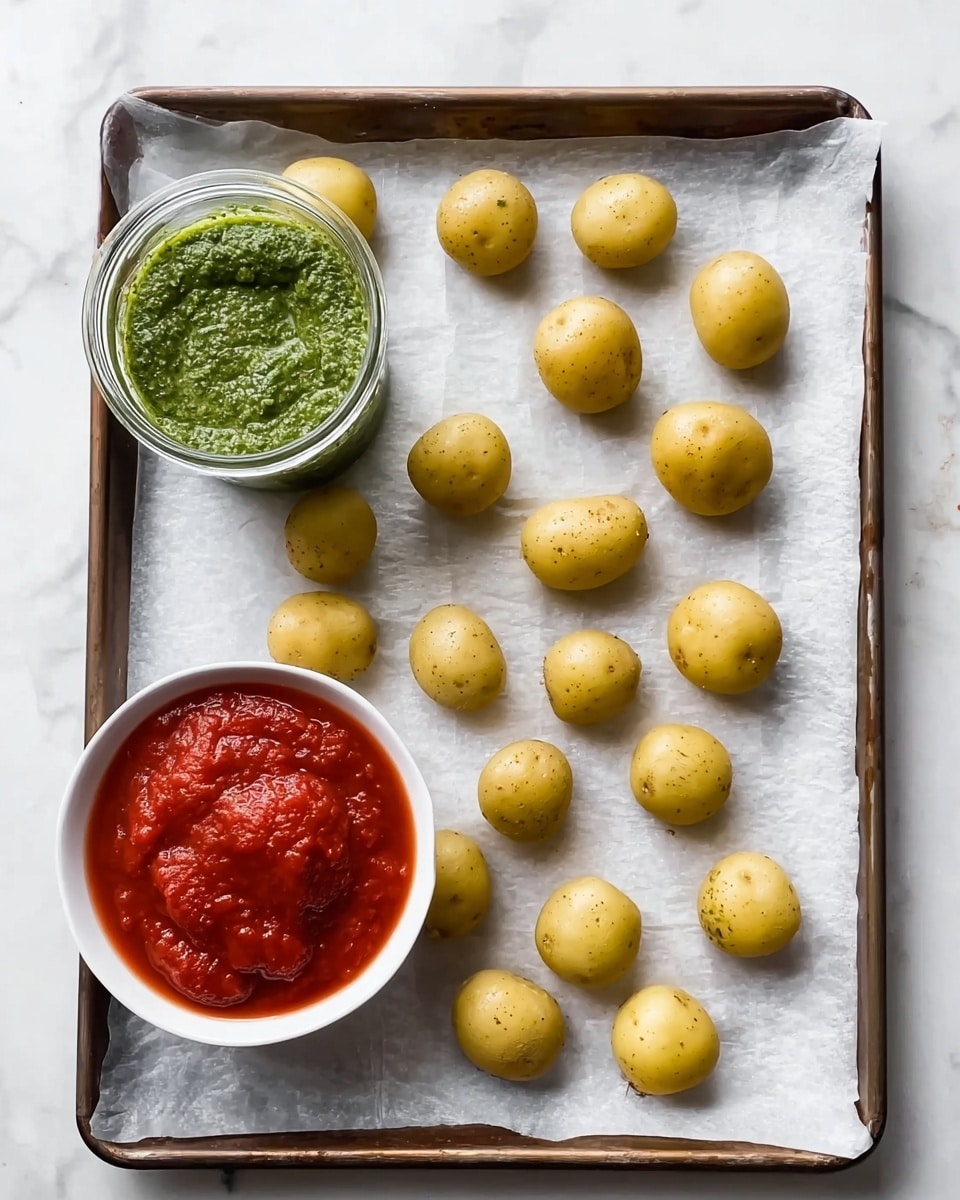 The image shows a baking tray covered with white parchment paper, placed on a white marbled surface. On the tray, there are small round yellow potatoes spread out evenly in rows. In the top left corner, there is a clear glass jar filled with green pesto sauce with a coarse texture. In the bottom right corner, there is a small white bowl filled with chunky red tomato sauce. The overall scene is clean and simple with soft natural light. Photo taken with an iphone --ar 4:5 --v 7