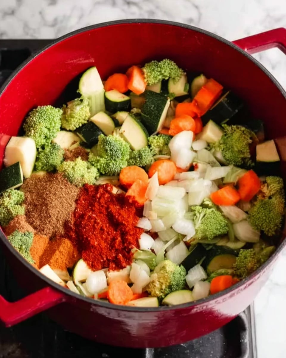 This image shows a red cooking pot filled with a mix of fresh vegetables and spices. Inside the pot, there are bright green broccoli pieces, sliced orange carrots, chopped white onions, and chunks of dark green zucchini, all scattered evenly. On top of the vegetables, there are bright red dollops of a smooth sauce or paste and a pile of brown powder spices gathered in one corner. The pot sits on a stove, and the background has a white marbled texture. The image is bright and colorful, showing a fresh, healthy mix before cooking. photo taken with an iphone --ar 4:5 --v 7