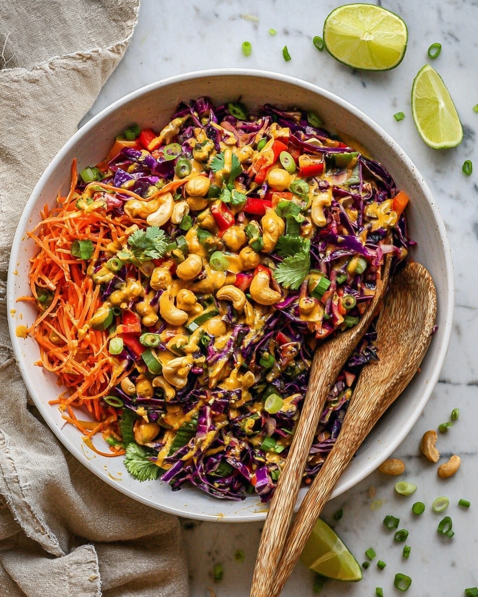 A large white bowl filled with a colorful salad showing about five layers: the base layer is shredded purple cabbage with its deep violet color and crinkly texture; scattered on top are bright orange shredded carrots adding a fine, stringy texture; there are chunks of red bell pepper adding vibrant red spots; round chickpeas and pale cashew nuts are mixed through, giving a plump and smooth texture; green onion slices and chopped cilantro leaves are sprinkled all over for fresh green color and delicate shapes; the salad is lightly coated with a creamy orange-yellow dressing that adds a glossy finish; two wooden spoons with a natural grain texture rest inside the bowl on the right side; the bowl sits on a white marbled surface with a lime half and scattered green onion pieces nearby; photo taken with an iphone --ar 4:5 --v 7
