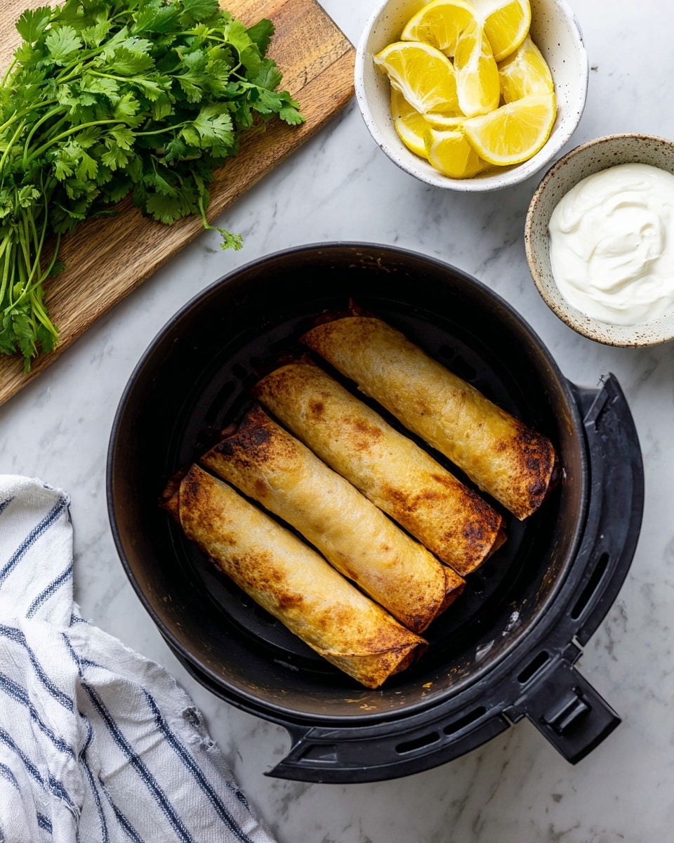 The image shows four rolled, golden-brown taquitos inside a black air fryer basket. Each taquito has a slightly crispy outer texture with some darker spots indicating crispiness. To the left, there is a bunch of fresh green cilantro on a wooden cutting board. On the right side, there is a white small bowl filled with lemon wedges and another white bowl containing a dollop of white sour cream. The scene is set on a clean white marbled surface with a white and blue striped towel partially visible on the left side. photo taken with an iphone --ar 4:5 --v 7