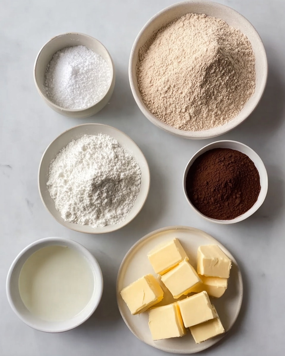 The image shows six white bowls and plates arranged on a white marbled surface. The largest bowl at the top contains light brown flour with a soft, powdery texture. Below it to the left, a smaller bowl holds white powdered sugar, looking fluffy. To the right, another small bowl is filled with dark brown cocoa powder with a fine texture. Below these, there is a tiny bowl with a small amount of off-white liquid, likely vanilla or milk, smooth and shiny. Next to it, there is a bowl with clear, thick liquid, possibly oil. Finally, a white plate at the bottom right holds several small blocks of pale yellow butter, soft and slightly shiny on the edges. The arrangement is neat and the colors range from white to brown and yellow tones, all on a clean white marbled background. Photo taken with an iphone --ar 4:5 --v 7