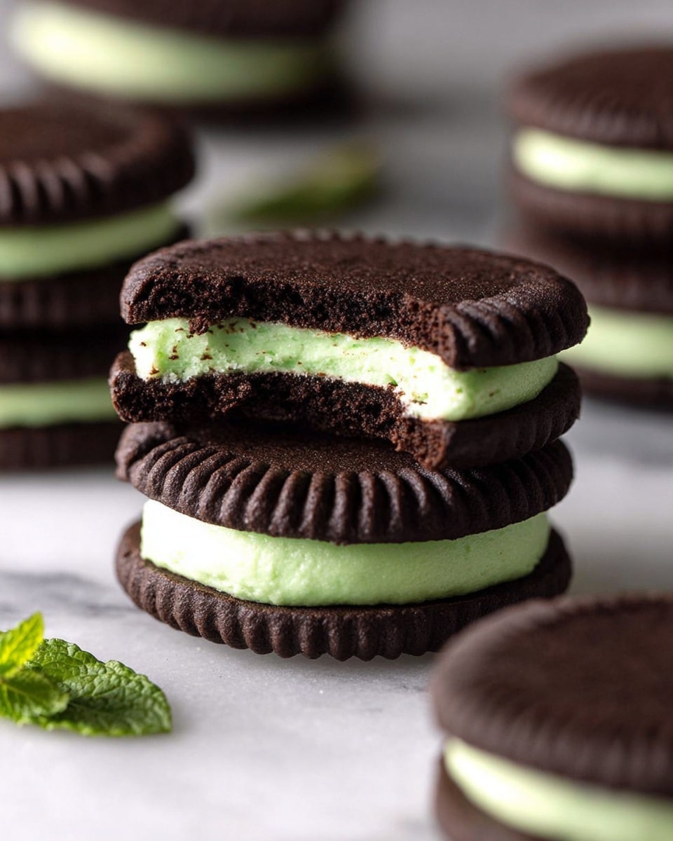 The image shows two dark chocolate sandwich cookies stacked with bright green cream filling in between. The top cookie has a bite taken out of it, showing the thick cream layer that is smooth and creamy, sandwiched by two dark, textured chocolate cookies with scalloped edges. Around the main stack, there are more similar cookies blurred softly in the background, resting on a white marbled surface. A small piece of fresh green mint leaf is visible on the surface near the cookies. The lighting highlights the contrast between the dark chocolate and the light green filling, giving a fresh and inviting look. Photo taken with an iphone --ar 4:5 --v 7