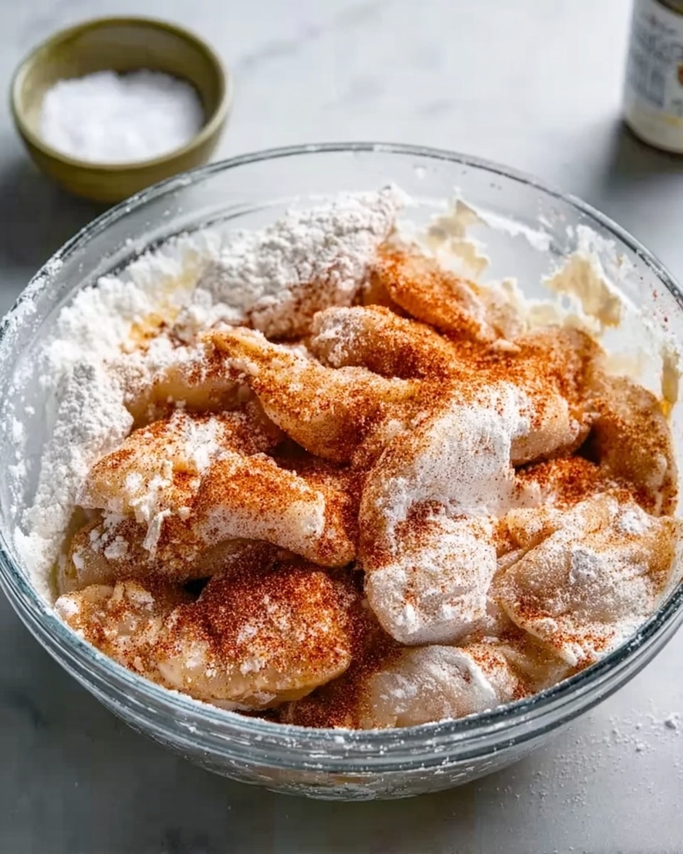 The image shows a clear glass bowl filled with raw chicken pieces, covered with a layer of white flour and a generous dusting of reddish-orange spice powder on top. The chicken pieces are creamy in color and arranged loosely, with the flour and spice spread unevenly across them. The bowl is placed on a white marbled surface. In the background, there is a small bowl of white salt and a container partially visible. Photo taken with an iphone --ar 4:5 --v 7