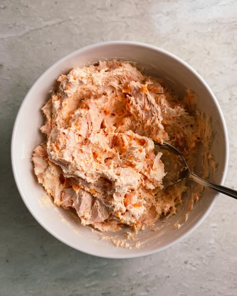 A close-up top view of a white bowl filled with a chunky, pale pink mixture that has small bits of orange throughout, creating a textured and slightly creamy look. A silver spoon rests inside the bowl on the right side, partially covered by the mixture. The bowl is placed on a surface with a light white marbled texture. photo taken with an iphone --ar 4:5 --v 7