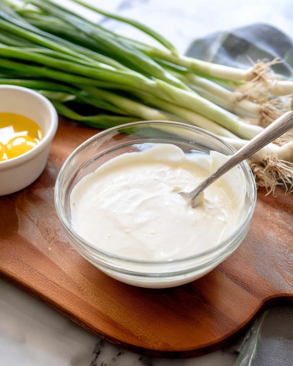 A clear glass bowl filled with smooth, creamy white batter sits on a wooden board. A silver spoon rests inside the batter, partially submerged. Behind the bowl are fresh green onions with long white and green stalks, lying across a white marbled surface. To the left, there is a small white bowl containing beaten yellow eggs. The scene has a soft, natural light with a calm and fresh kitchen feel. photo taken with an iphone --ar 4:5 --v 7