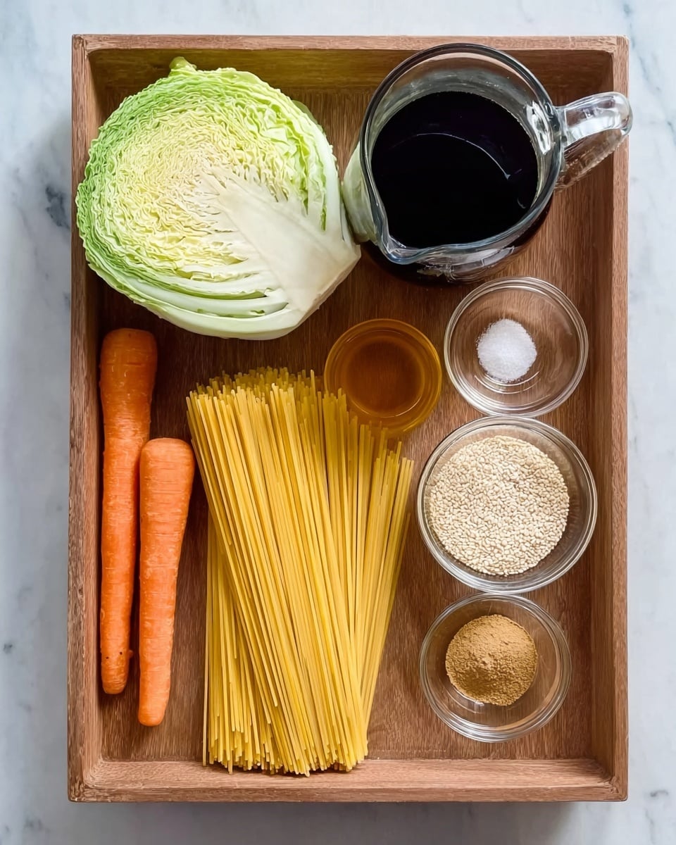 A wooden tray holds several cooking ingredients on a white marbled surface. In the top left corner, there is a half green cabbage with a rough green outer layer and a smooth inner pale yellow, positioned with the cut side facing up. Next to it on the right is a clear glass pitcher filled with dark soy sauce. Below the pitcher, to the right side of the tray, are three small clear glass bowls arranged vertically: the top one contains light brown liquid oil, the middle one has small white sesame seeds, and the bottom one is filled with a mixture of cooked brown rice grains. Towards the left side, in the middle of the tray, a neat bundle of yellow uncooked spaghetti lies diagonally across, with its straight texture and smooth surface visible. Near the bottom left corner, two long orange carrots with a smooth texture rest side by side. A small clear bowl holding ground ginger powder is placed close to the carrots near the top left corner of the tray. Photo taken with an iphone --ar 4:5 --v 7