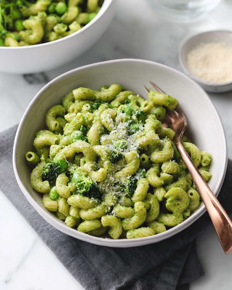A white bowl filled with green pasta made from cavatappi noodles, coated evenly in a bright green sauce with small pieces of green broccoli mixed throughout, topped with light sprinkles of grated cheese. A copper fork rests inside the bowl, positioned towards the right side. The bowl is placed on a dark cloth on a white marbled surface. In the background, a larger white bowl with the same green pasta and a smaller white bowl with a light powdery ingredient are slightly blurred. Photo taken with an iphone --ar 4:5 --v 7