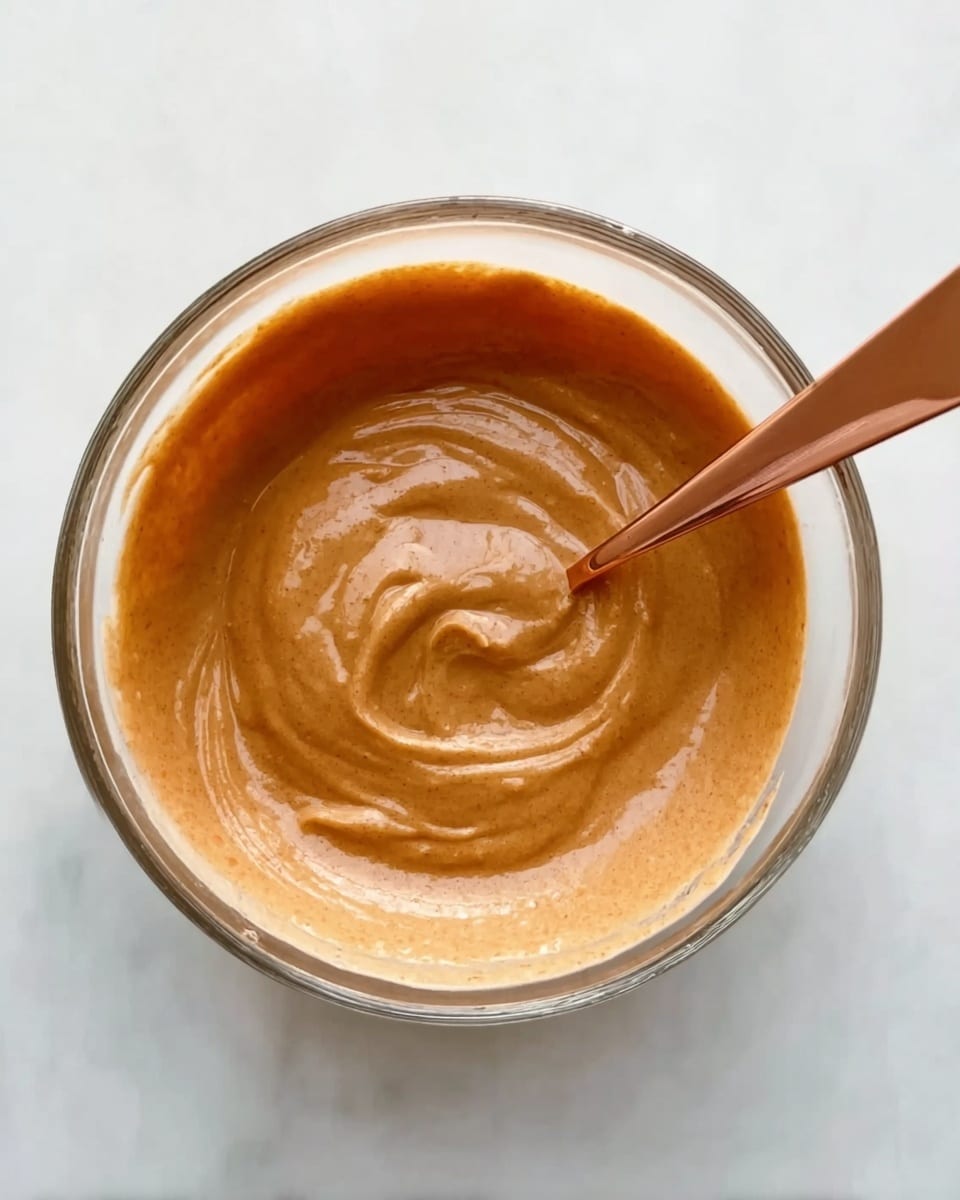 A clear glass bowl filled with a thick, smooth, light brown sauce or dressing with a creamy texture. A rose gold or copper spoon is partially dipped inside, resting at an angle. The bowl sits on a white marbled surface that adds a clean and bright background to the image. The sauce inside has gentle swirls on the surface showing its softness, with a mix of lighter and slightly darker brown shades. photo taken with an iphone --ar 4:5 --v 7