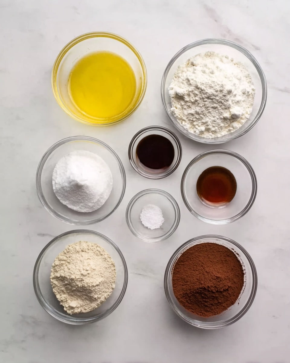 Seven clear glass bowls sit on a white marbled surface, each holding different ingredients. In the top row from left to right are melted yellow butter, white granulated sugar, white powder baking soda, and dark brown vanilla extract. Below them, in the bottom row from left to right, are white powdered sugar, light brown almond flour, dark brown cocoa powder, and a small bowl of salt. The bowls vary in size, with the powdered sugar and almond flour bowls being the largest, and the salt bowl being the smallest. The overall setting is clean and simple with the bowls evenly spaced in two rows. photo taken with an iphone --ar 4:5 --v 7