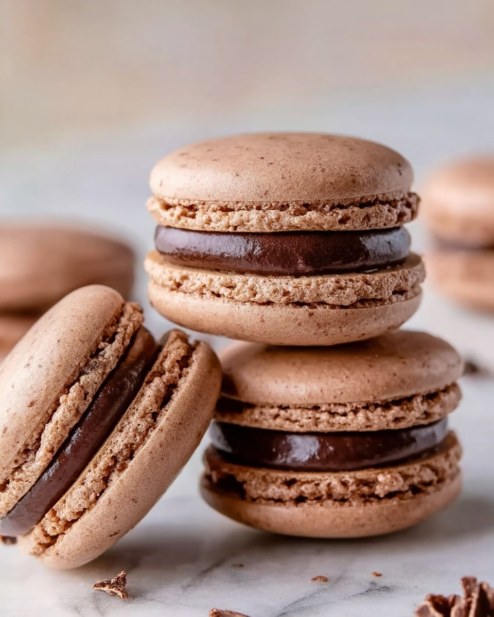 Three chocolate macarons stacked on a white marbled surface. Each macaron has two smooth, round, light brown shells with a slightly rough edge texture, sandwiching a dark, thick, creamy chocolate filling. The macarons are close together, with one resting on its side leaning against the other two, giving a clear view of the layers. The background is softly blurred, placing focus on the macarons. Photo taken with an iphone --ar 4:5 --v 7