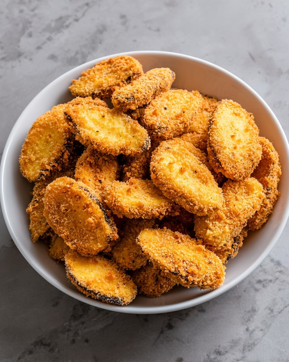 A white bowl filled with many pieces of golden brown fried food, each piece oval and coated in a crunchy breadcrumb layer with visible texture. The inside of each piece shows a soft yellow center bordered by a dark edge, all stacked loosely inside the bowl. The bowl sits on a white marbled surface, with the crisp coating showing clear, uneven crumb patterns all over the pieces. Photo taken with an iphone --ar 4:5 --v 7