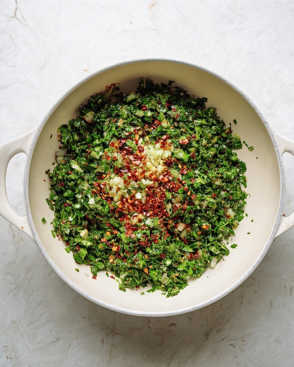 A white pan holds a single layer of chopped green herbs spread evenly across the surface. Scattered on top are small bits of pale yellow minced garlic and bright red chili flakes, creating a colorful contrast against the green herbs. The pan rests on a white marbled surface, adding a clean, simple background to the fresh ingredients. photo taken with an iphone --ar 4:5 --v 7