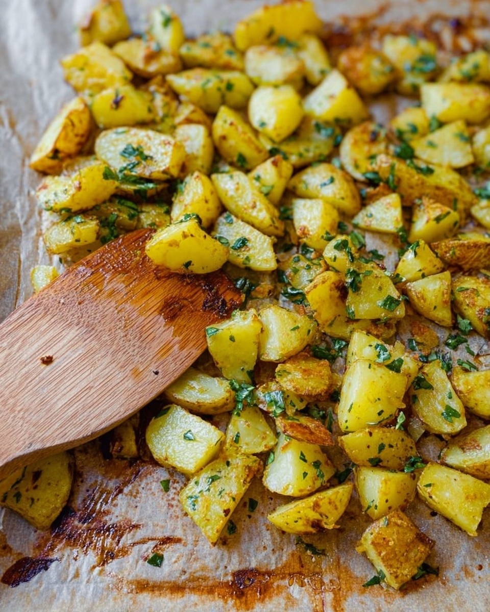 The image shows a close-up of roasted yellow potato chunks with green herbs scattered throughout, resting on a baking sheet covered with brown parchment paper. The potatoes are golden with some browned edges, suggesting a crispy texture. A flat wooden spatula is partially under the pile of potatoes, appearing to be used for stirring or serving. The background surface has a worn, slightly greasy look from cooking, showing marks and oil stains. photo taken with an iphone --ar 4:5 --v 7