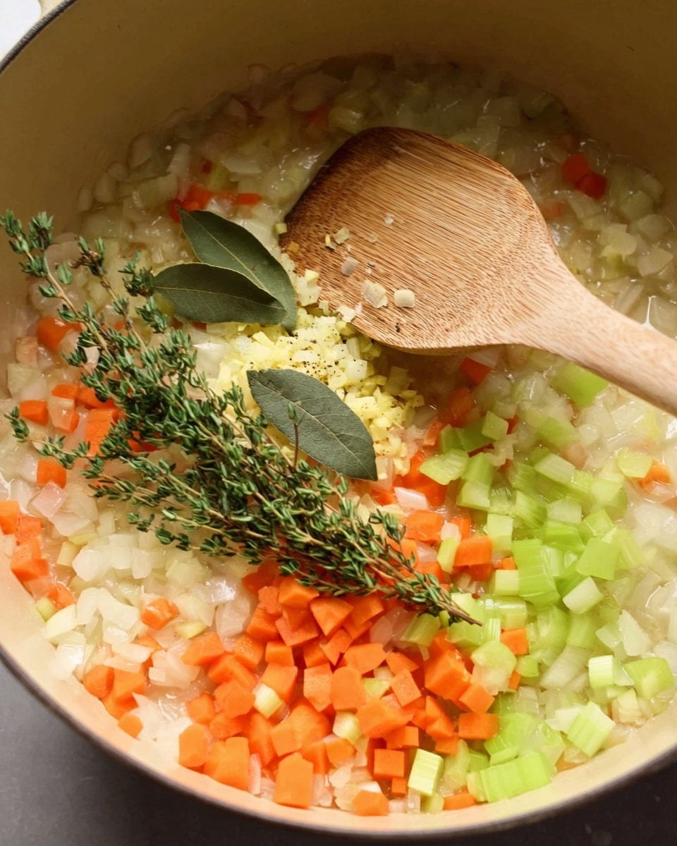 Inside a beige pot, there are three layers of ingredients being cooked: the bottom layer is white and translucent chopped onions, the middle layer consists of bright orange diced carrots, and the top layer has light green celery pieces along with chopped pale yellow garlic. A wooden spatula with fresh green thyme and two bay leaves is resting on the edge of the ingredients, stirring the mixture. The photo is taken with an iphone --ar 4:5 --v 7