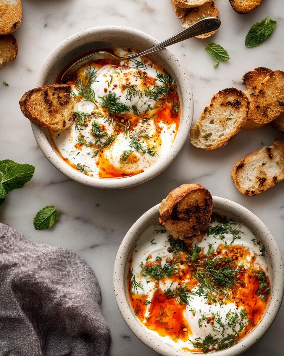 Two white speckled bowls are filled with three soft white poached eggs each, sitting on a thick layer of creamy white yogurt or sauce. Bright red-orange chili oil is drizzled over the eggs in thin streaks, adding a vibrant contrast. Fresh green herbs like dill and parsley are sprinkled on top for color. Each bowl has three small toasted bread slices resting on the side inside the bowl. A silver spoon is placed inside the top bowl. The bowls are set on a white marbled surface with scattered toasted bread slices, a grey cloth napkin on the left, and a few green mint leaves around. The light is soft and natural, making the food look fresh and inviting. photo taken with an iphone --ar 4:5 --v 7