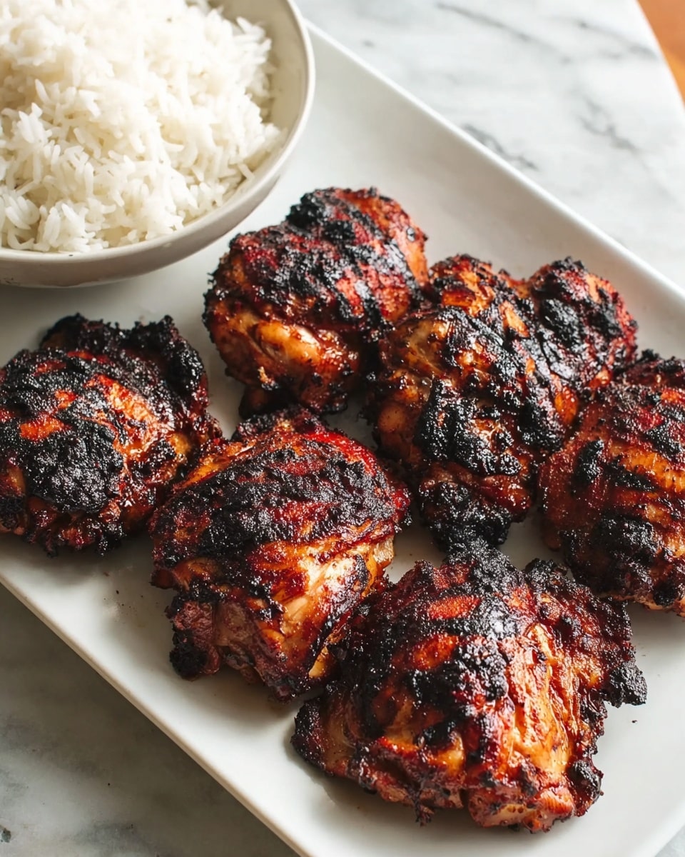 A white rectangular plate holds seven grilled chicken pieces arranged in two rows. The chicken pieces have a charred, dark black crust with bright reddish-brown areas showing through, giving a smoky and rich texture. Behind the plate, there is a white bowl filled with plain white rice. The surface under the plate is a white marbled texture. The photo taken with an iphone --ar 4:5 --v 7