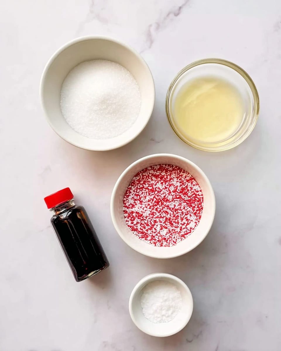 The image shows five small containers with ingredients arranged on a white marbled surface. At the top left, there is a white bowl filled with fine white sugar. To its right, a clear glass bowl holds a light yellow liquid, likely egg whites. Below the sugar bowl, a white bowl contains red and white sprinkles, mixing both colors densely. To the bottom left, there is a small black bottle with a red cap, probably vanilla extract, standing upright. Finally, at the bottom right, a white bowl has a small amount of white powder, possibly baking powder or baking soda. All containers are neatly placed with space around them. photo taken with an iphone --ar 4:5 --v 7
