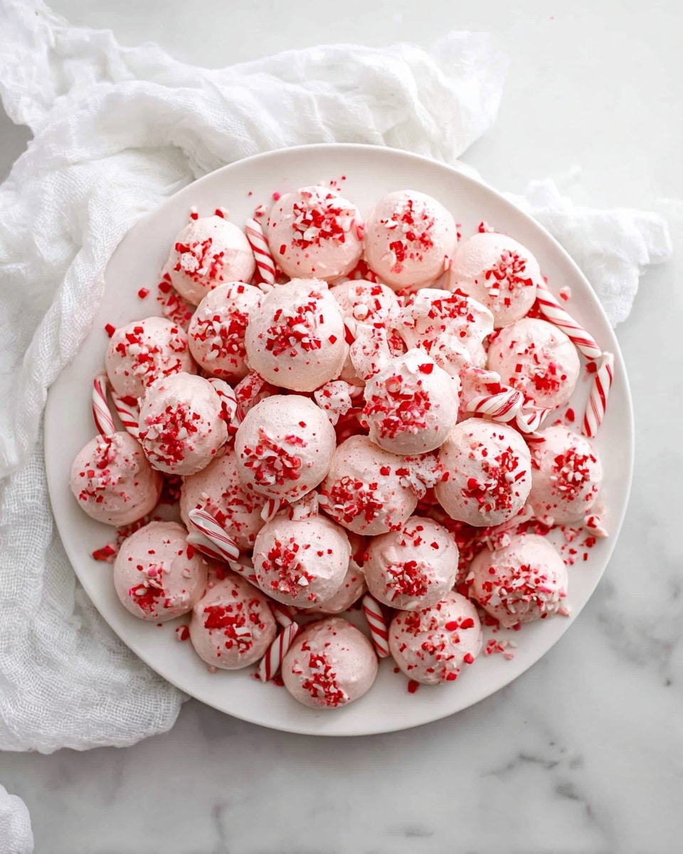 A large white plate holds a full pile of small, light pink round meringue cookies, each topped with bright red crushed candy pieces scattered all over. Among the meringues, there are small pieces of red and white striped candy canes, adding more color and texture. The plate is set on a white marbled surface with a crumpled white cloth nearby, creating a clean and bright setting. photo taken with an iphone --ar 4:5 --v 7