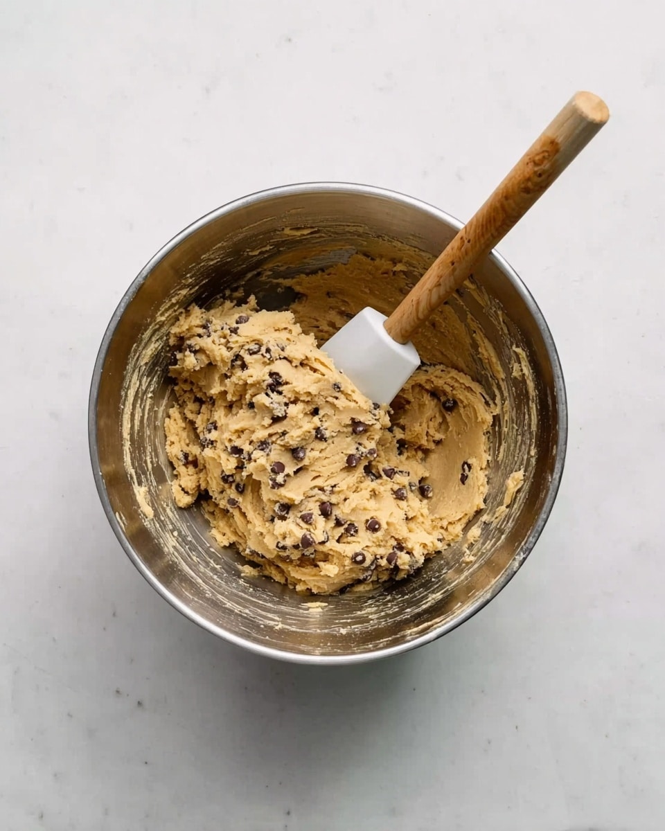A shiny metal bowl filled with one thick layer of light brown cookie dough with dark chocolate chips mixed throughout. A white spatula with a wooden handle rests inside the bowl, partially covered with dough. The bowl is placed on a white marbled surface. photo taken with an iphone --ar 4:5 --v 7