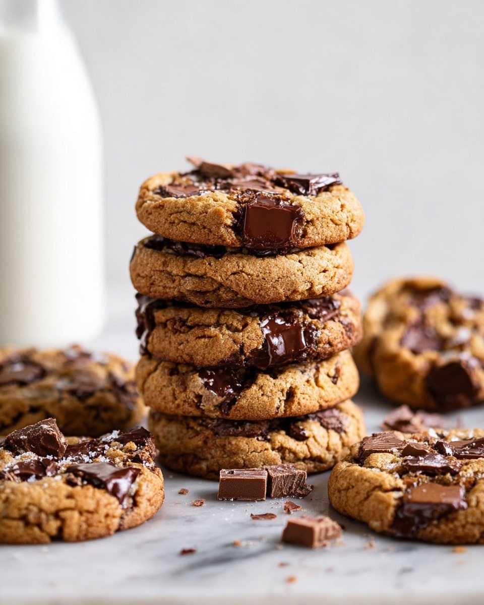 A stack of five thick, round cookies with a golden-brown color and dark chocolate chunks melted on top stands at the center on a white marbled surface. Around the stack, there are more cookies lying flat with large, melted chocolate pieces and small bits scattered. Some cookie pieces and chocolate chunks are spread near the cookies. Behind the stack, a tall white bottle of milk is slightly blurred. The cookies have a rough, crumbly texture with shine from the melted chocolate. Photo taken with an iphone --ar 4:5 --v 7