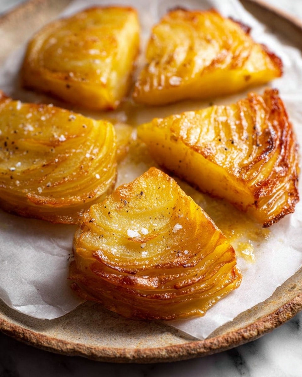 The image shows a close-up of five golden brown potato slices arranged in a circle on white parchment paper. Each slice has visible thin potato layers stacked together, creating a textured, slightly crispy top with a shiny, oily surface. The edges of the slices are browned and crisp, while the inside layers show a softer, lighter yellow color. Small white salt crystals and a bit of black pepper are sprinkled on top. The parchment paper sits on a round plate with a rough, rustic edge, all set on a white marbled surface. photo taken with an iphone --ar 4:5 --v 7